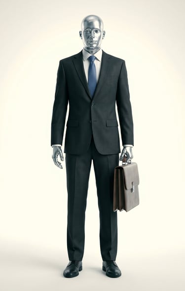 Silver robot mannequin wearing a professional charcoal business suit and holding a leather briefcase.