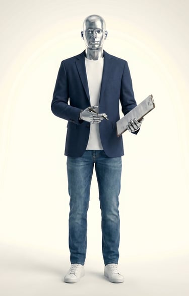 A silver humanoid robot wearing a blue blazer and jeans holding a clipboard for AI data analysis.