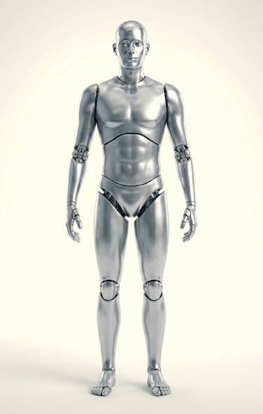 A futuristic chrome humanoid robot standing in a full-body pose, showcasing metallic artificial intelligence design.