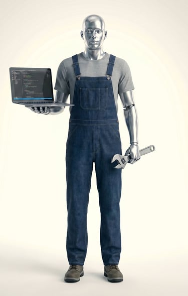 Silver humanoid robot mechanic in blue overalls holding a laptop with code and a wrench.