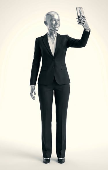 A silver humanoid robot wearing a black business suit taking a selfie with a smartphone.