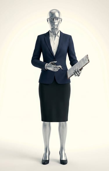 Silver humanoid AI robot in a professional business suit holding a clipboard for automation and future of work.