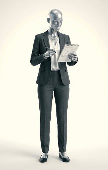A silver humanoid robot in a professional business suit writing in a notebook with a pen.