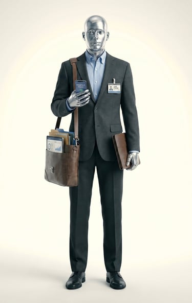 A silver humanoid robot wearing a professional business suit and carrying a leather messenger bag.