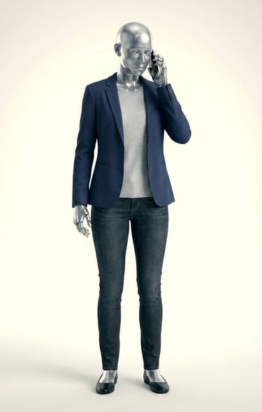 Silver robot mannequin wearing a navy blazer and denim jeans talking on a mobile phone.