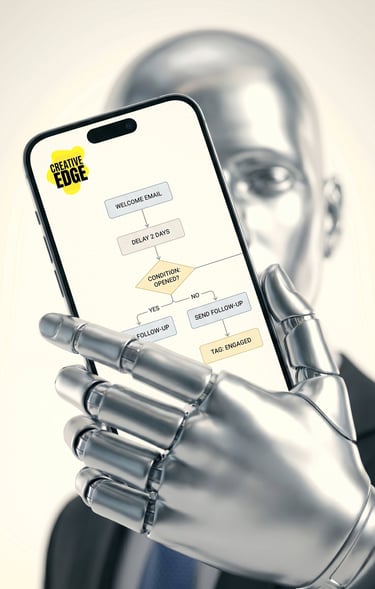 A metallic robot hand holding a smartphone displaying an automated email marketing workflow diagram.