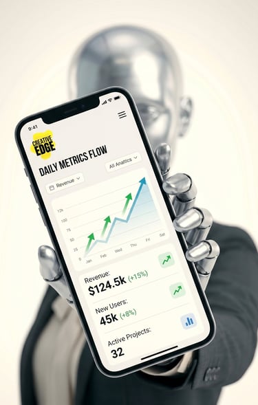 A silver robot hand holding a smartphone displaying a business dashboard with rising revenue metrics and growth charts.