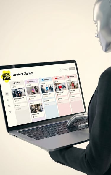 AI robot using a laptop to manage a social media content planner for automated digital marketing.