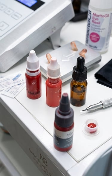 Permanent makeup microblading supplies featuring red lip pigments and a manual nano blade tool.