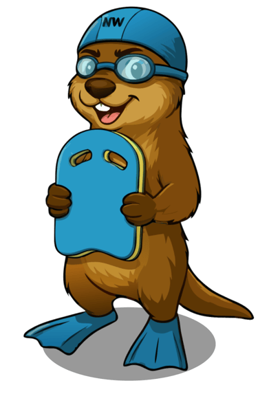 De vrolijke otter mascotte van NextWave zwemschool in Liedekerke met zwembril, badmuts en duikplank.