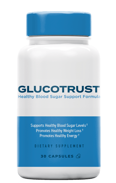 GlucoTrust dietary supplement bottle for healthy blood sugar support and weight loss.