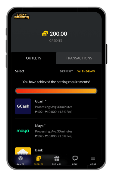 lucky sabong withdrawal section screen