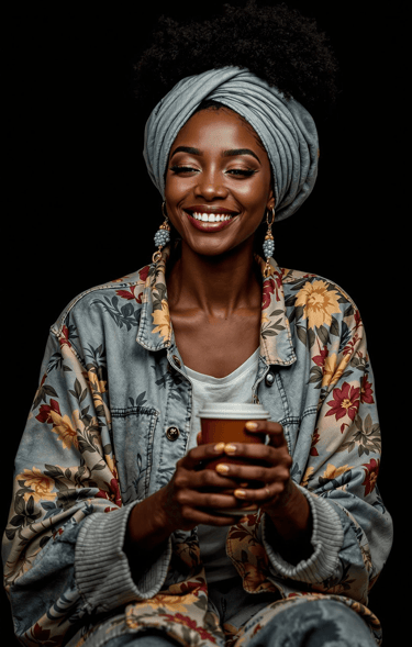 image of African American women in headwrap, cardigan with flowers design holding a coffee cup