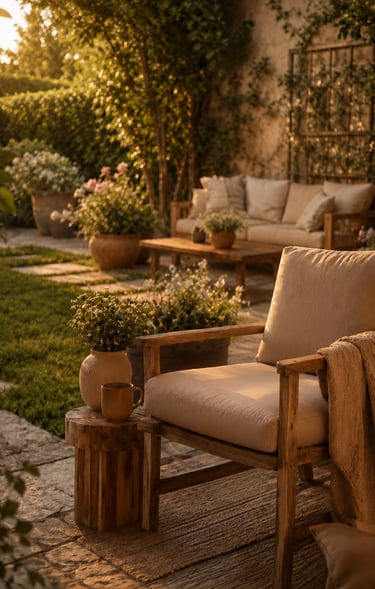 Cozy garden space with soft sunset lighting and relaxed lounge furniture, inspired by warm European outdoor living