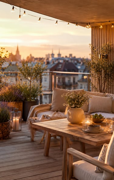 Cozy balcony with warm ambient lighting and natural wooden textures, inspired by warm European outdoor living