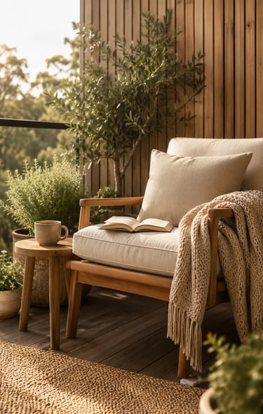 Cozy balcony with warm ambient lighting and natural wooden textures, inspired by warm European outdoor living