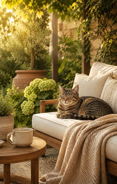 Cozy pet-friendly outdoor corner with calm evening lighting and soft textures, inspired by warm Euro