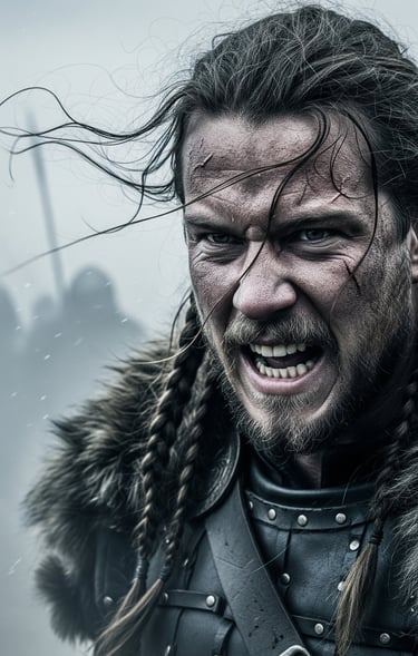 Close up of Viking warriors face getting ready for battle.