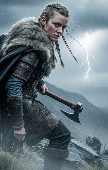 Shield Maiden standing on moutain side.