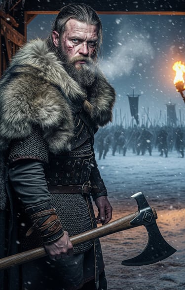 Viking warrior looking at camera as enemies charge the gate.