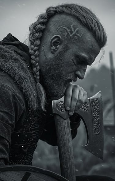 Viking warrior prays and leans on axe