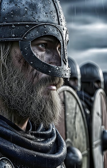 Side view of Viking warrior in shield wall