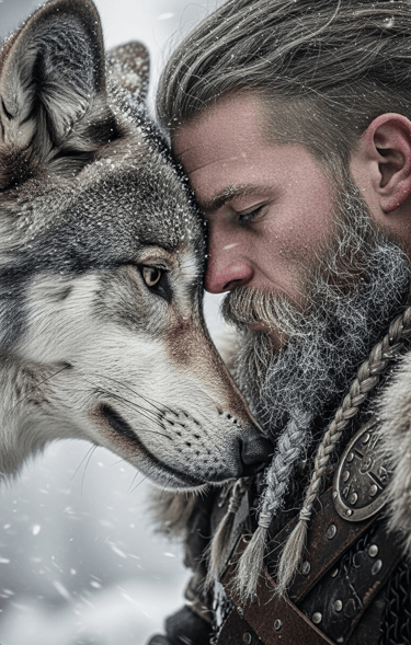 Viking warrior friendship with wolf