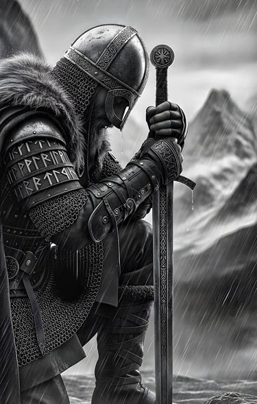 Viking warrior kneeling and holding onto sword