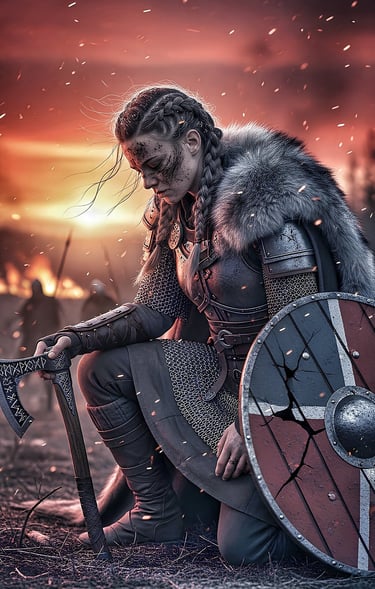 Shield maiden prays to gods after battle
