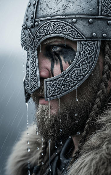 Close up of Viking warrior wearing helmet
