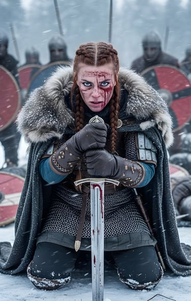 Shield maiden on knees surrounded by enemies