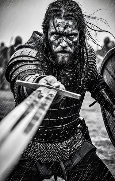 Viking warrior thrusts sword in battle