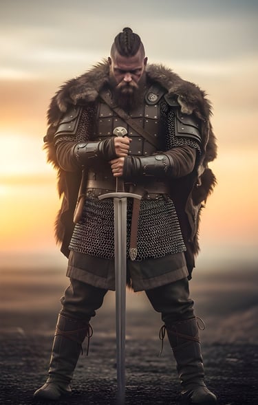 Viking warrior praying to gods holding sword