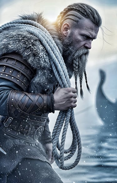 Viking warrior straining as he pulls rope