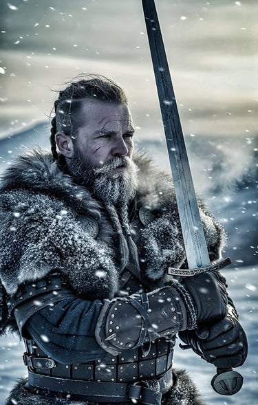 Viking warrior grips his sword with both hands