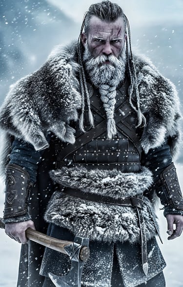 Old Viking warrior stands in the frozen tundra