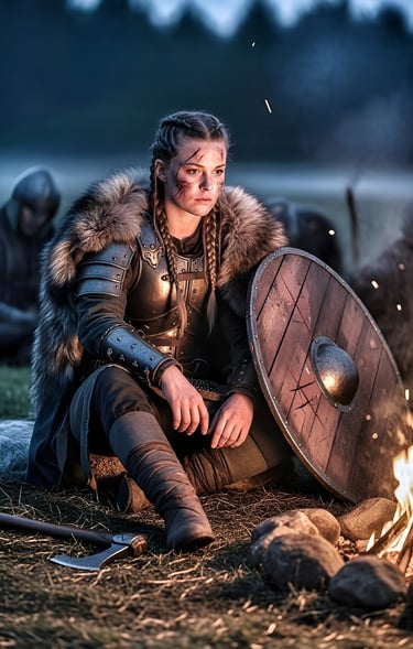 Shield maiden rests after battle by camp fire.