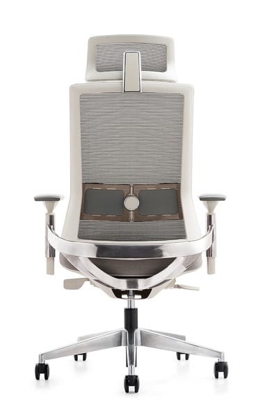 White mesh executive chair with headrest, rear view on casters