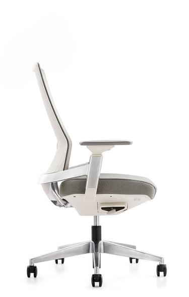 White mesh executive chair with curved backrest, side view on casters
