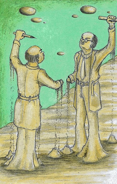 two sand figures with hands raised, disintegrating