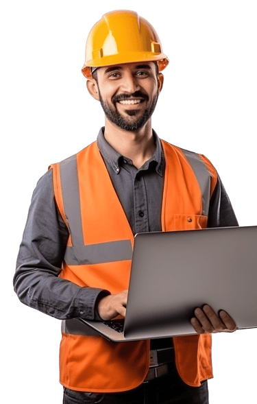 Smiling construction worker in an orange safety vest and hard hat holding a laptop.