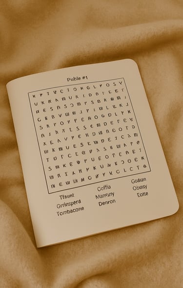 Debas Direct puzzle books and word search pages on beige background.