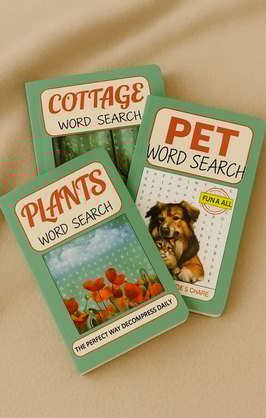 Word search puzzle books from Debas Direct Ltd — Plants and Pets themes shown together.