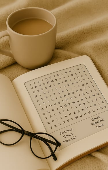 Debas Direct puzzle books and word search pages on beige background.