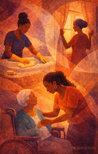 varias mujeres racializadas realizando trabajo de hogar y cuidadoras