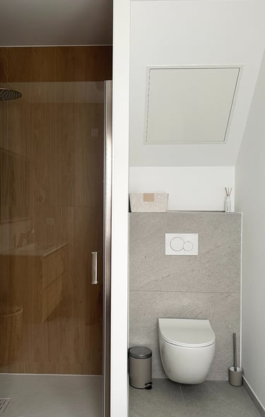 a bathroom with a toilet and a shower