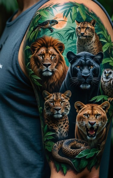 Tatuaggio di un braccio con tanti animali della foresta