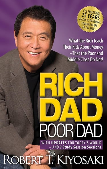 Rich Dad Poor Dad cover, personal finance book contrasting money mindsets.