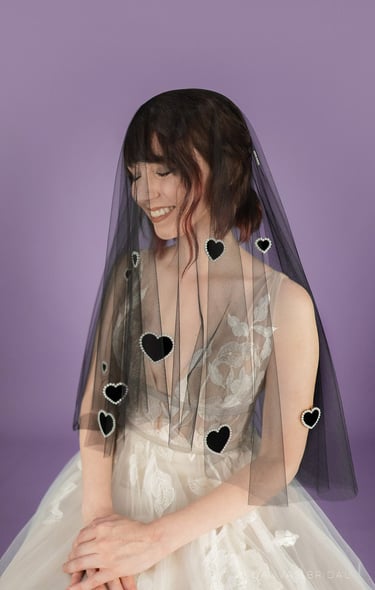Black wedding veil with velvet hearts and pearls