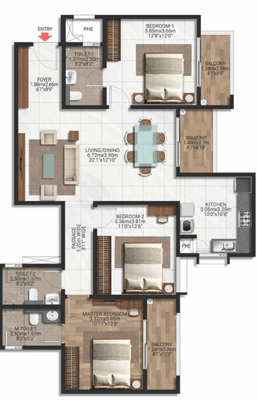 Brigade Lakecrest 3 BHK Floor Plan